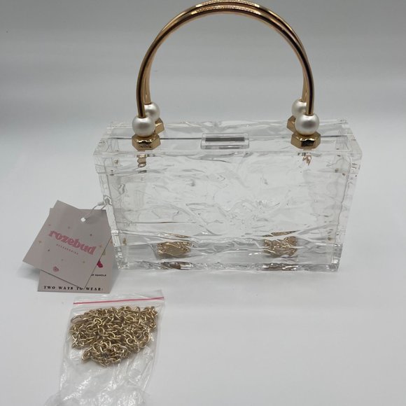 Rozebud Handbags - Rozebud Crackled Clear Transparent Acrylic Purse/ Case with Gold & Pearl Handle